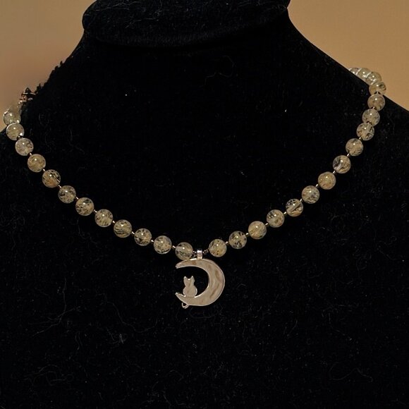 Golden Rutilated Quartz Short Necklace, Gemstone & Silver Cat on the Moon Charm - Picture 3 of 12